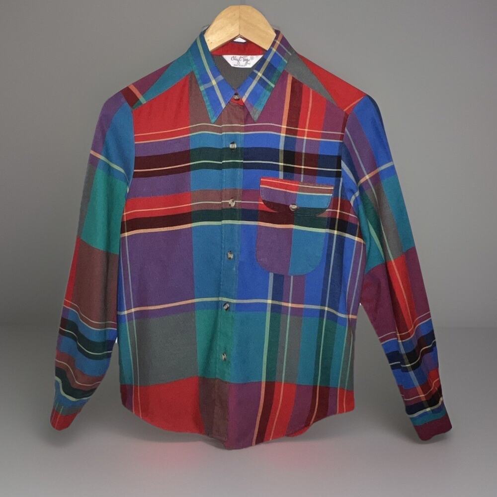 VTG Cheryl Tiegs Plaid Button Front Shirt Blouse Red Teal Purple Multicolor Sz 8